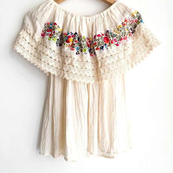 Vintage Gauze Ivory Cotton Floral Embroidered Off The Shoulder Top S - Picture 2 of 3